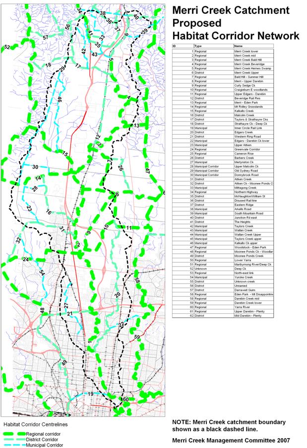 Map of proposed habitat corridors in the Merri Creek Catchment