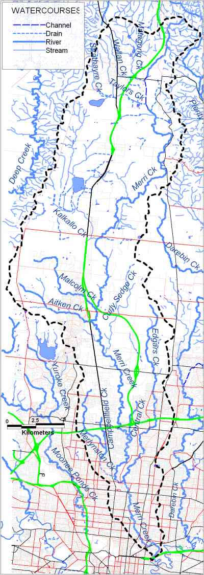 Map of waterways in the Merri Creek catchment