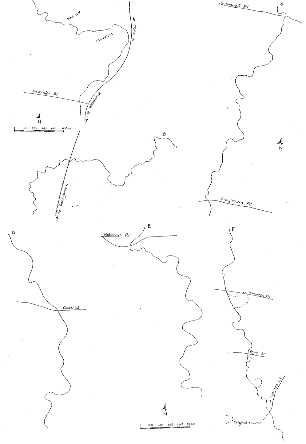 Drawing showing meander patterns in the Merri Creek valley